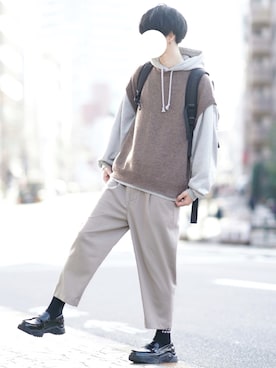 「MONKEY TIME（モンキータイム）のアイテム（スラックス）」を使った、とっしーさん（メンズ・184cm）の冬コーディネート