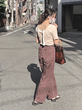 「Chico（チコ）のバックベルトUネック5分袖プルオーバー（ニット/セーター、ベージュ系）」を使った、maiさん（レディース・158cm）の春コーディネート