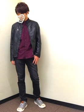 「学校」｜「アイテム（ライダースジャケット）」を使った、ようさん（メンズ・175cm）の冬コーディネート