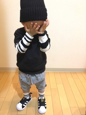 「BRANSHES（ブランシェス）のクレイジーボーダー長袖Tシャツ（Tシャツ/カットソー）」を使った、＊SK.HRR＊さん（キッズ・80cm）の春コーディネート