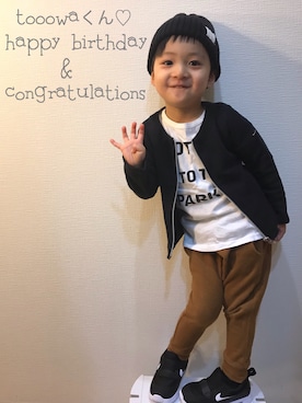 「quoti use fith（クゥオティ　ユース　フィス）のアイテム（ノーカラージャケット）」を使った、＊SK.HRR＊さん（キッズ・100cm）の秋コーディネート