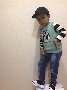 「BRANSHES（ブランシェス）のクレイジーボーダー長袖Tシャツ（Tシャツ/カットソー）」を使った、＊SK.HRR＊さん（キッズ・100cm）の冬コーディネート