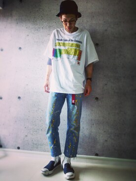 「アイテム（スリッポン、ブルー系）」を使った、けんけんさん（メンズ・175cm）の春コーディネート