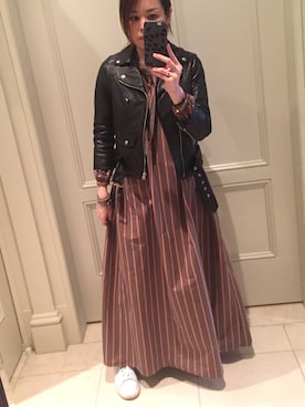 「ストライプワンピース」｜「アイテム（ライダースジャケット）」を使った、きょんさん（レディース・155cm）の春コーディネート