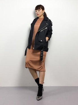 「jouetie（ジュエティ）のアイテム（ライダースジャケット）」を使った、黒田デビーさん（レディース・165cm）の冬コーディネート