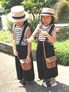 「GUコーデ」｜「アイテム（オールインワン・サロペット）」を使った、❁◡̈❁くぅ&のん❁◡̈❁さん（キッズ・130cm）の夏コーディネート