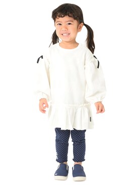 「Moujonjon（ムージョンジョン）のＭ天竺柄込ぽよワンピース（ワンピース、ホワイト系）」を使った、mrtk2558さん（キッズ）の春コーディネート