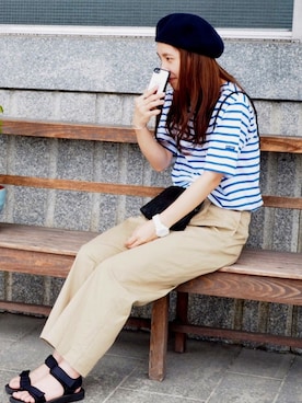 「カフェ」｜「アイテム（ハンチング/ベレー帽）」を使った、eriko.さん（レディース・159cm）の夏コーディネート