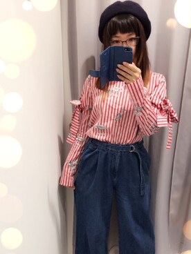 「ZARA（ザラ）のアイテム（シャツ/ブラウス、レッド系）」を使った、まるさん（レディース・152cm）の冬コーディネート