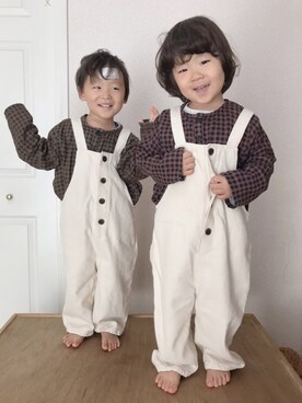 「双子コーデ」｜「アイテム（サロペット/オーバーオール）」を使った、▲miiipppiiiさん（キッズ・90cm）の冬コーディネート