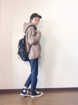 「ZOZO（ゾゾ）のスリムテーパードデニムパンツ［WOMEN］（デニムパンツ）」を使った、エリーさん（レディース・163cm）の冬コーディネート