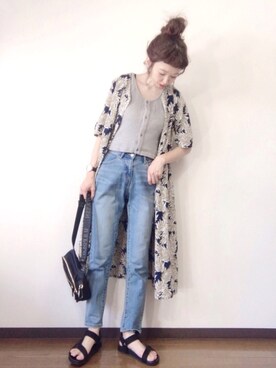 「ZOZO（ゾゾ）のスリムテーパードデニムパンツ［WOMEN］（デニムパンツ）」を使った、エリーさん（レディース・163cm）の夏コーディネート