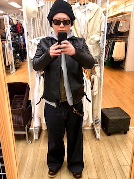 「GOODENOUGH（グッドイナフ）のアイテム（ライダースジャケット）」を使った、YUUSUKE@ganeshaさん（メンズ・171cm）の冬コーディネート