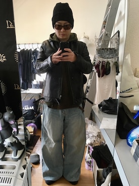 「GOODENOUGH（グッドイナフ）のアイテム（ライダースジャケット）」を使った、YUUSUKE@ganeshaさん（メンズ・171cm）の秋コーディネート