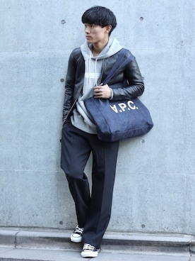「STUDIOUS（ステュディオス）のアイテム（ライダースジャケット）」を使った、tmさん（メンズ・175cm）の春コーディネート