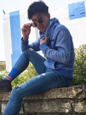 「Abercrombie&Fitch（アバークロンビーアンドフィッチ）のアイテム（パーカー）」を使った、Kazuya Tatutaさん（メンズ・174cm）の夏コーディネート