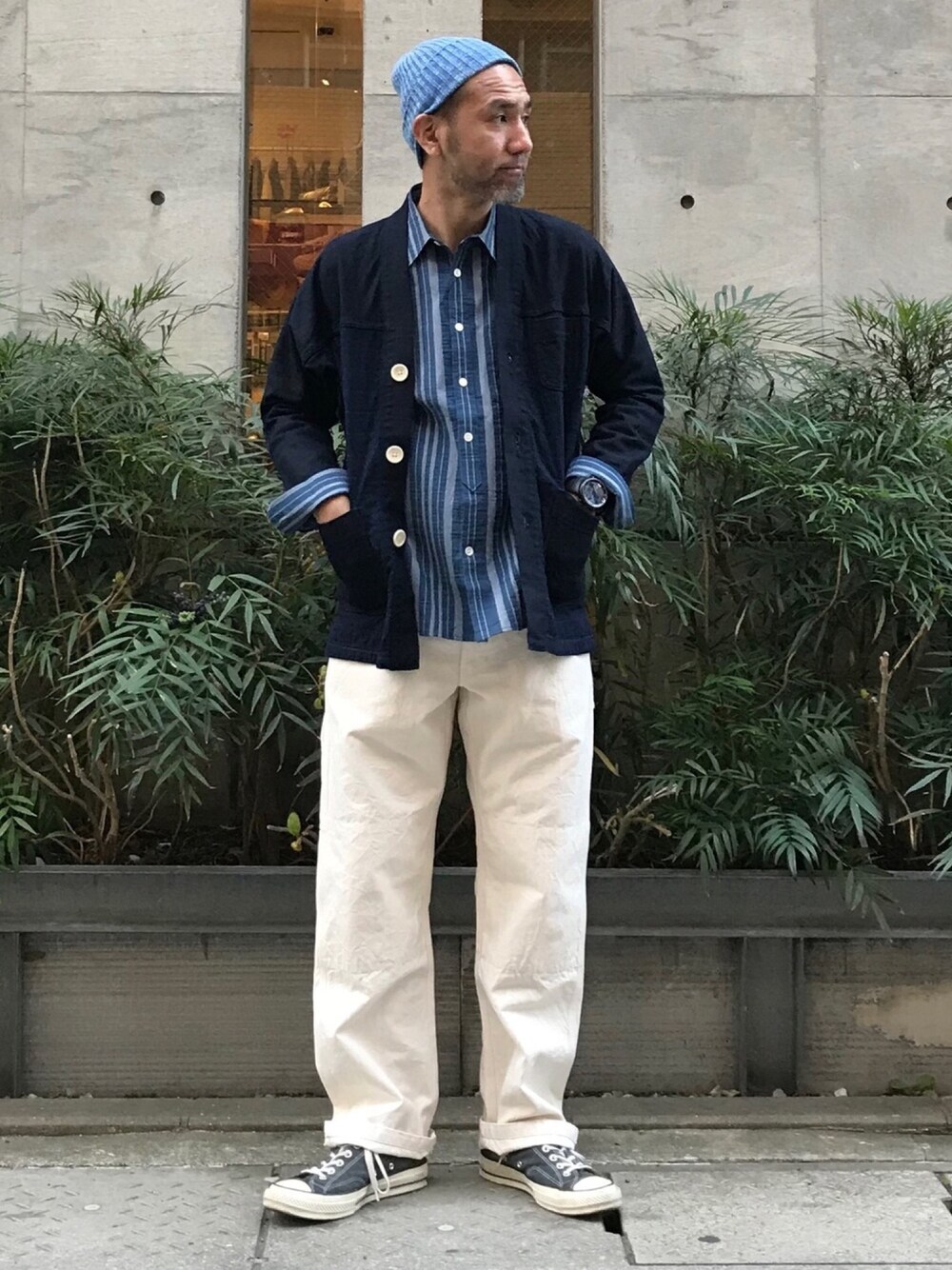 「アウトドアスタイル、snow peak、きもの、野良着、オカヤマデニム」｜「Snow Peakの野良着ジャケット / Noragi Jacket（デニムジャケット、ブルー系）」を使った、snowpeak_yoshimasaさん（メンズ・171cm）の春コーディネートの1枚目の写真