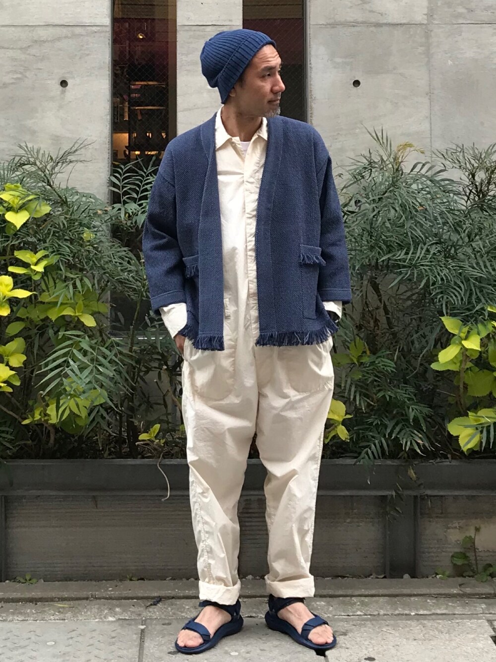「アウトドアスタイル、teva、snow peak、きもの」｜「Snow Peakのアイテム（トップス、ブルー系）」を使った、snowpeak_yoshimasaさん（メンズ・171cm）の春コーディネートの1枚目の写真
