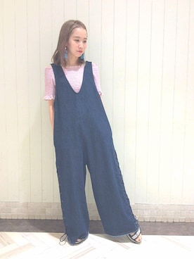「シャーリング」｜「アイテム（オールインワン・サロペット）」を使った、伊織さん（レディース・155cm）の夏コーディネート