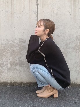 「w closet（ダブルクローゼット）のスクエアトゥブーツ（ブーツ）」を使った、伊織さん（レディース・155cm）の秋コーディネート