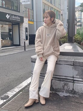 「w closet（ダブルクローゼット）のスクエアトゥブーツ（ブーツ）」を使った、伊織さん（レディース・155cm）の秋コーディネート