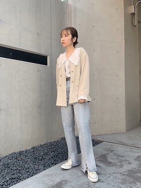 「w closet（ダブルクローゼット）のアイテム（その他アウター）」を使った、伊織さん（レディース・155cm）の春コーディネート