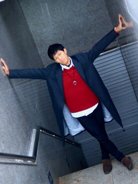 「TAKEO KIKUCHI（タケオキクチ）のアイテム（チェスターコート）」を使った、カスドースさん（メンズ・176cm）の冬コーディネート