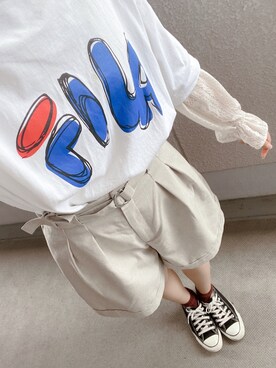 「FILA（フィラ）のアイテム（Tシャツ/カットソー、ホワイト系）」を使った、nachicocoさん（レディース・165cm）の夏コーディネート