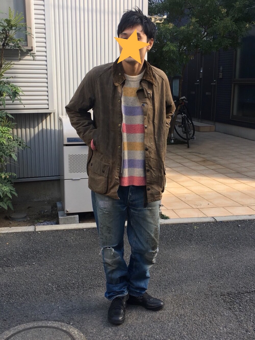 「bernhard willhelm、barbour、バブアー、Levis、BigE、moorland、vintage、flagstuff」｜「Barbourのアイテム（ブルゾン、ブラウン系）」を使った、AakaShanさん（メンズ・183cm）の秋コーディネートの1枚目の写真