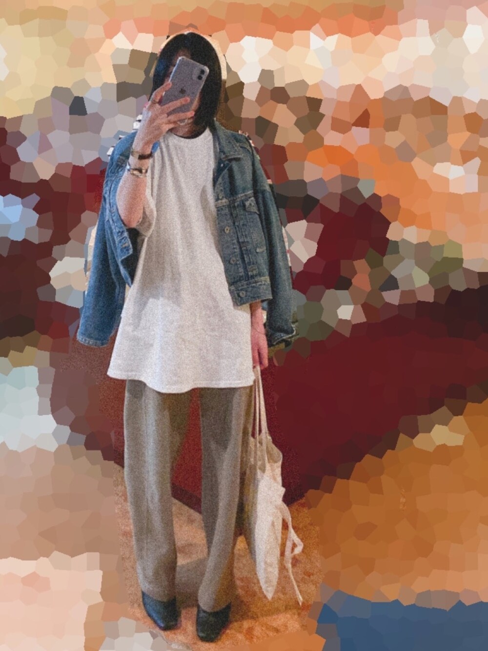 「カーブパンツ、ラクチンコーデ、カジュアルコーデ、秋のコーデ、オーバーサイズ、デニムジャケット、ロンT」｜「TODAYFULのTODAYFUL(トゥディフル) ''Cuffstrap Denim JK''／デニムジャケット／11820103（デニムジャケット、ブルー系）」を使った、ぬ🥚さん（レディース・165cm）の秋コーディネートの1枚目の写真