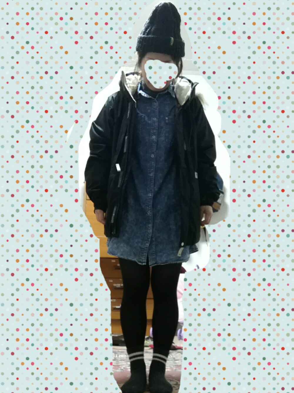 「スノボウェア」｜「UNIQLOのアイテム（シャツワンピース、ブルー系）」を使った、もなかぁさん（レディース・151cm）の冬コーディネートの1枚目の写真