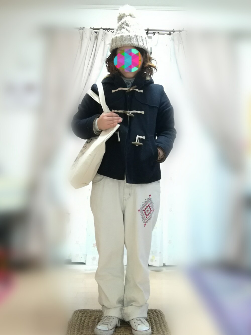 「Tip Topのアイテム（ダッフルコート、ブルー系）」を使った、もなかぁさん（レディース・151cm）の冬コーディネートの1枚目の写真