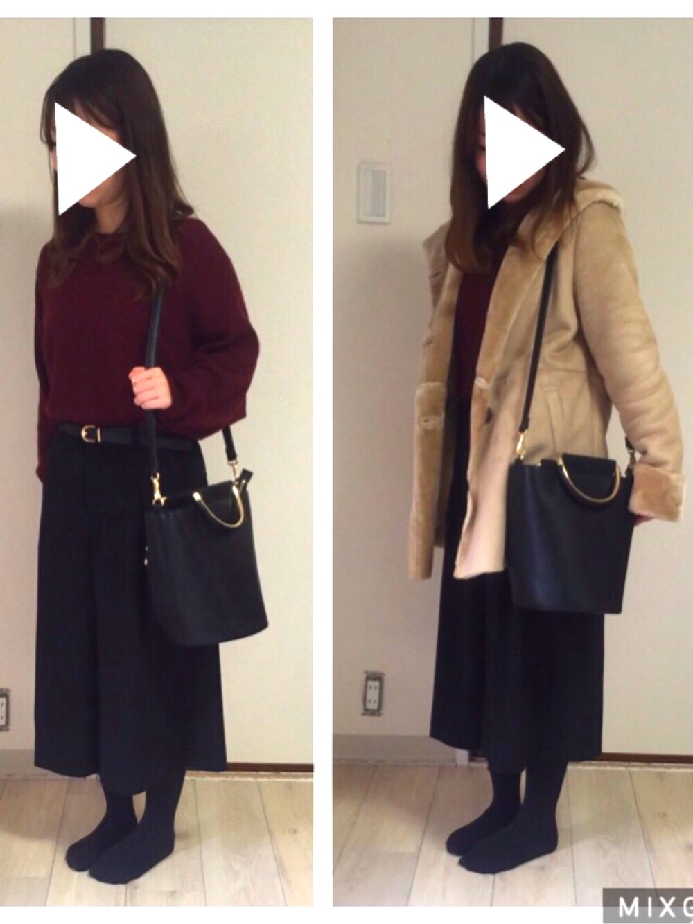「休日スタイル、シンプル、ユニクロ、ガウチョパンツ、シップス、ムートンコート、BEAUTY&YOUTH UNITED ARROWS、バケツバッグ」｜「AZULのアイテム（ニット/セーター、レッド系）」を使った、Rina…♡さん（レディース・152cm）の冬コーディネートの1枚目の写真