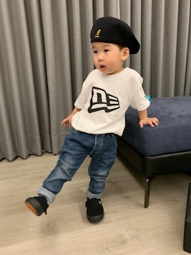 「KANGOL（カンゴール）のアイテム（ハンチング/ベレー帽）」を使った、小饅頭さん（キッズ・80cm）の秋コーディネート