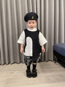 「KANGOL（カンゴール）のアイテム（ハンチング/ベレー帽）」を使った、小饅頭さん（キッズ・90cm）の春コーディネート