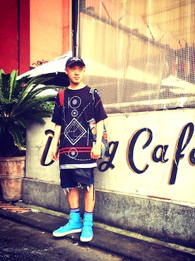 「DLSM（ディーエルエスエム）のアイテム（帽子）」を使った、∃1⊿1∧M∧N▱さん（メンズ・173cm）の夏コーディネート