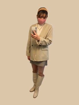 「OPAQUE.CLIP（オペークドットクリップ）の【VERY10月号掲載】【洗える・イージーケア・ストレッチ】トップグリーン　ウーリッシュツイル　ダブルブレストジャケット（ノーカラージャケット、ベージュ系）」を使った、𝒶𝓂𝒾さん（レディース）の春コーディネート