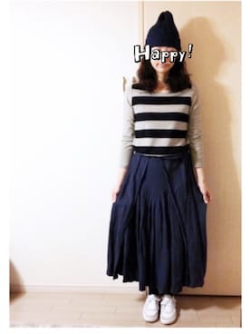「BLUE BLUE（ブルーブルー）のアイテム（ニットキャップ/ビーニー）」を使った、makikoさん（レディース・168cm）の冬コーディネート