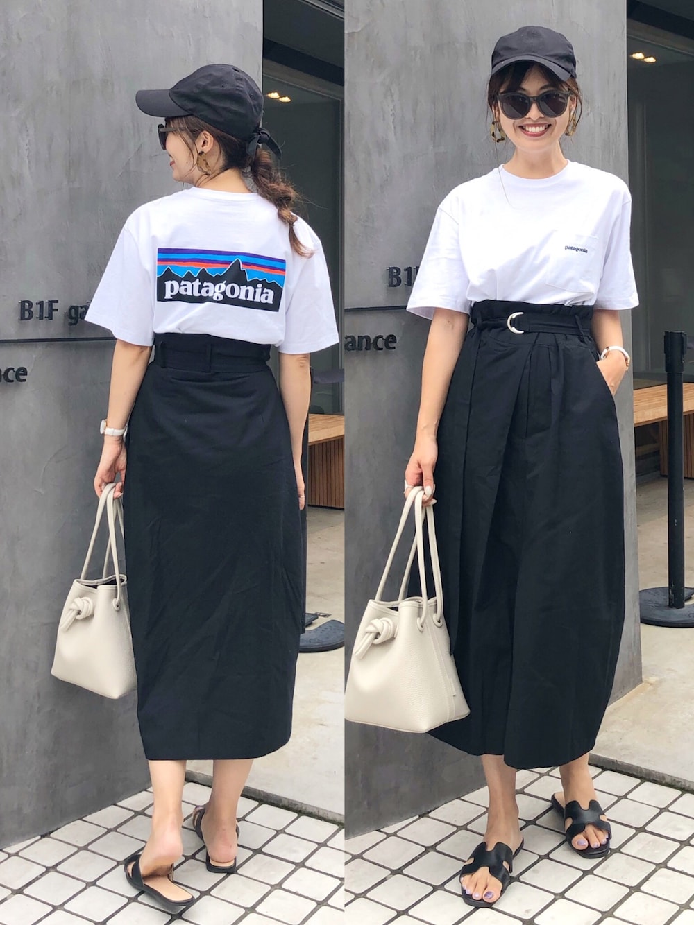 「chuclla、カジュアルコーデ、パタゴニア、大人カジュアル、大人かわいい、ママコーデ、キャップ、サンダル、ロゴT」｜「patagoniaのpatagonia/パタゴニア Ms P6Logo Organic T-Shirt/メンズP6ロゴ オーガニック Tシャツ                （Tシャツ/カットソー、ホワイト系）」を使った、あみぃ さん（レディース・163cm）の夏コーディネートの1枚目の写真