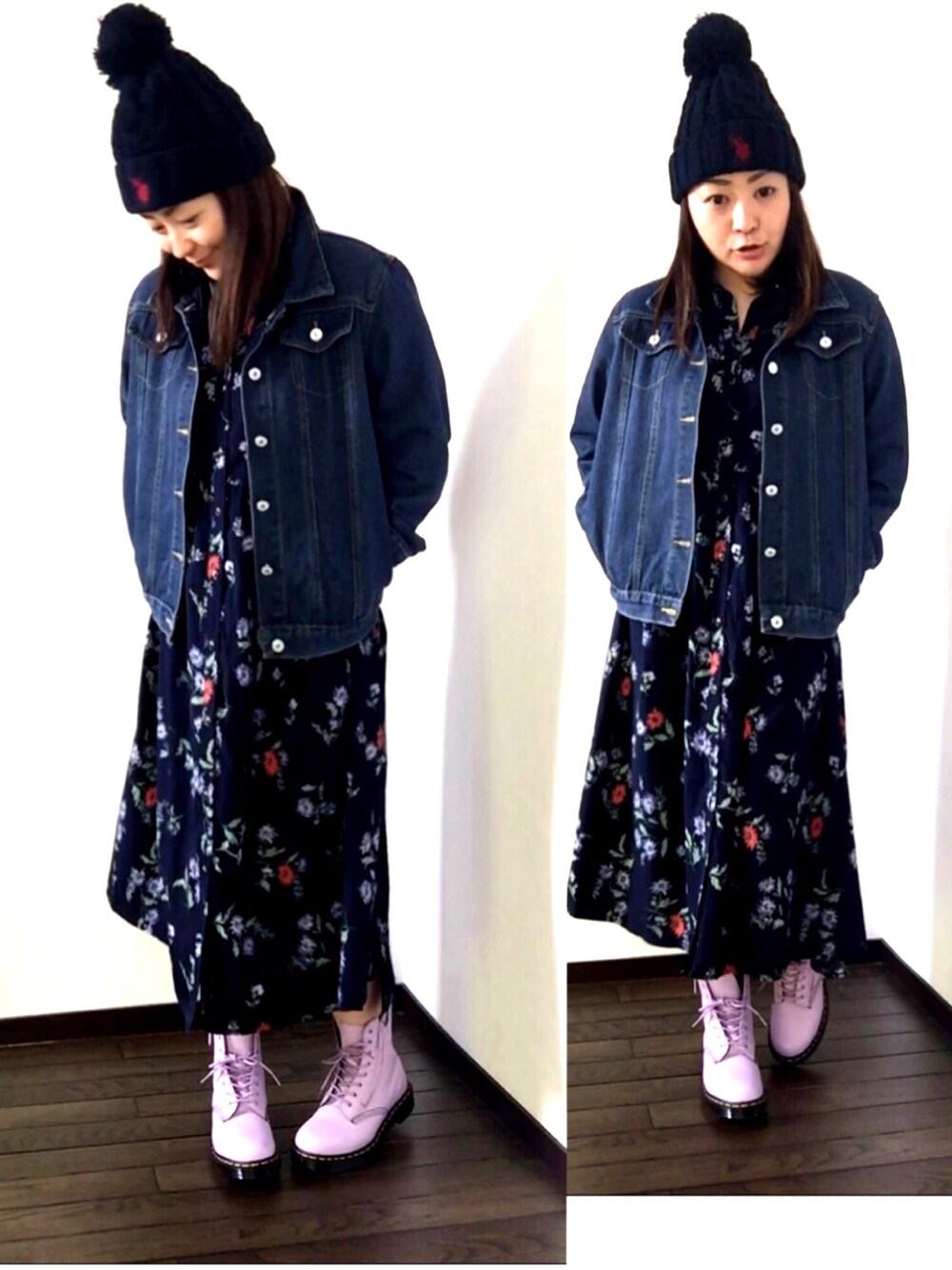 「むらさき、ドクターマーチン、Dr.Martens、しまむら、花柄ワンピース、ガウンワンピース、アラフォー、はるコーデ、ニット帽、ネイビー」｜「no brandのアイテム（デニムジャケット、ブルー系）」を使った、yuki@japanさん（レディース・154cm）の冬コーディネートの1枚目の写真