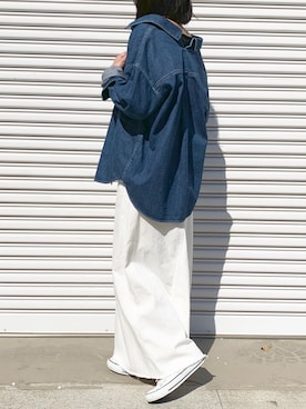 「Munich（ミューニック）の8ozデニムシャツ　オーバーシャツ（シャツ/ブラウス）」を使った、__mu________no__さん（レディース・161cm）の春コーディネート