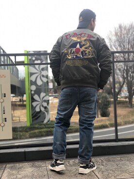 「緑」｜「アイテム（MA-1）」を使った、oobayashiさん（メンズ・171cm）の冬コーディネート