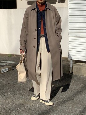 「LENO（リノ）のアイテム（ステンカラーコート）」を使った、Kenさん（メンズ・178cm）の冬コーディネート