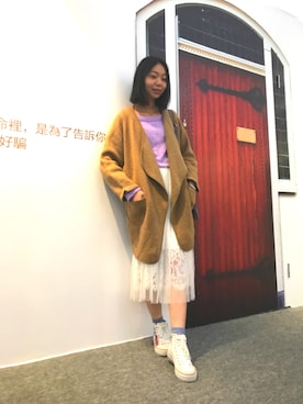 「AIR SPACE（エアースペース）のアイテム（ノーカラージャケット）」を使った、Cynthia AoIeongさん（レディース・160cm）の冬コーディネート