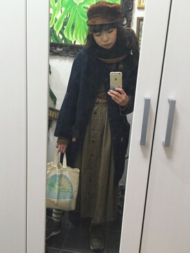「エコバッグ」｜「アイテム（キャスケット）」を使った、みあさん（レディース・163cm）の冬コーディネート