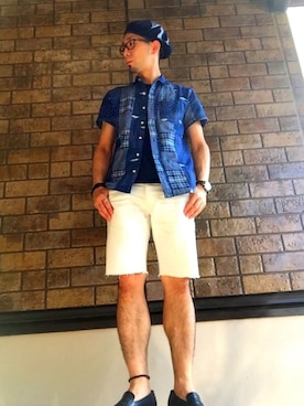 「RRL（ダブル アール エル）のアイテム（ハンチング/ベレー帽）」を使った、Masuda Jojiさん（メンズ・170cm）の夏コーディネート