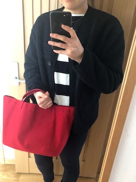 「アイテム（トートバッグ、レッド系）」を使った、FUNEさん（レディース・154cm）の冬コーディネート