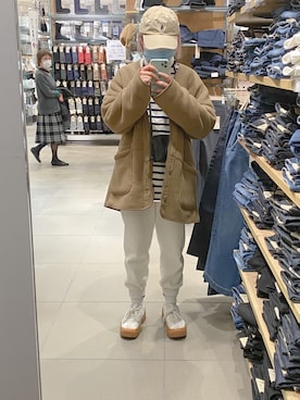 「UNIQLO（ユニクロ）のフリースノーカラーコート（その他アウター）」を使った、Hlさん（レディース・161cm）の冬コーディネート