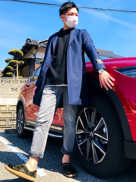 「EDIFICE（エディフィス）のアイテム（チェスターコート）」を使った、あっきー さん（メンズ・176cm）の春コーディネート