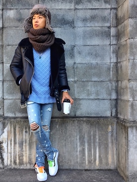 「FOREVER 21」｜「アイテム（ライダースジャケット）」を使った、kojiro_8さん（メンズ・172cm）の冬コーディネート